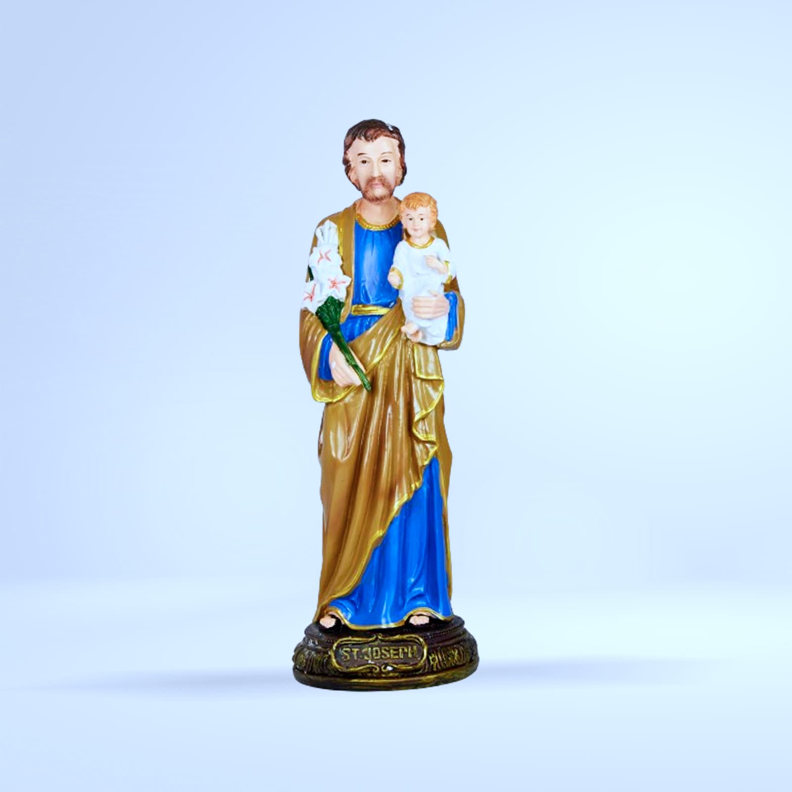 Statue Saint Joseph avec Enfant Jésus (robe bleue - or)