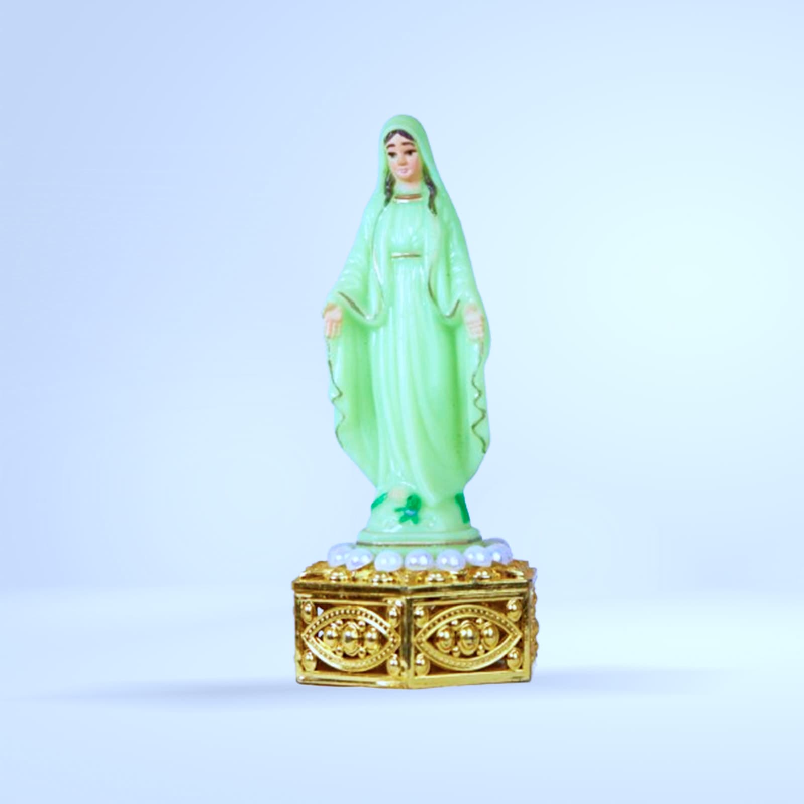 Statuette Vierge Miraculeuse verte fluo sur socle doré