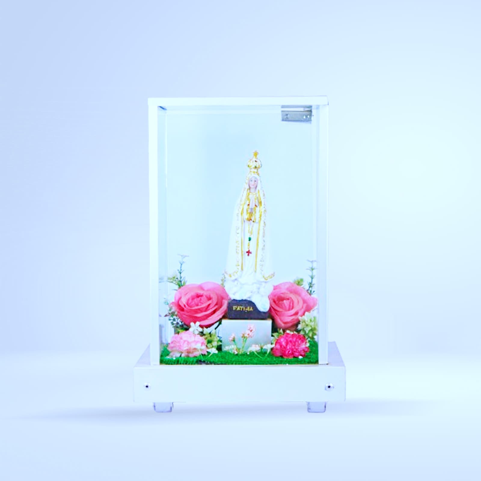 Niche Notre-Dame de Fatima (vitrine blanche, roses roses)