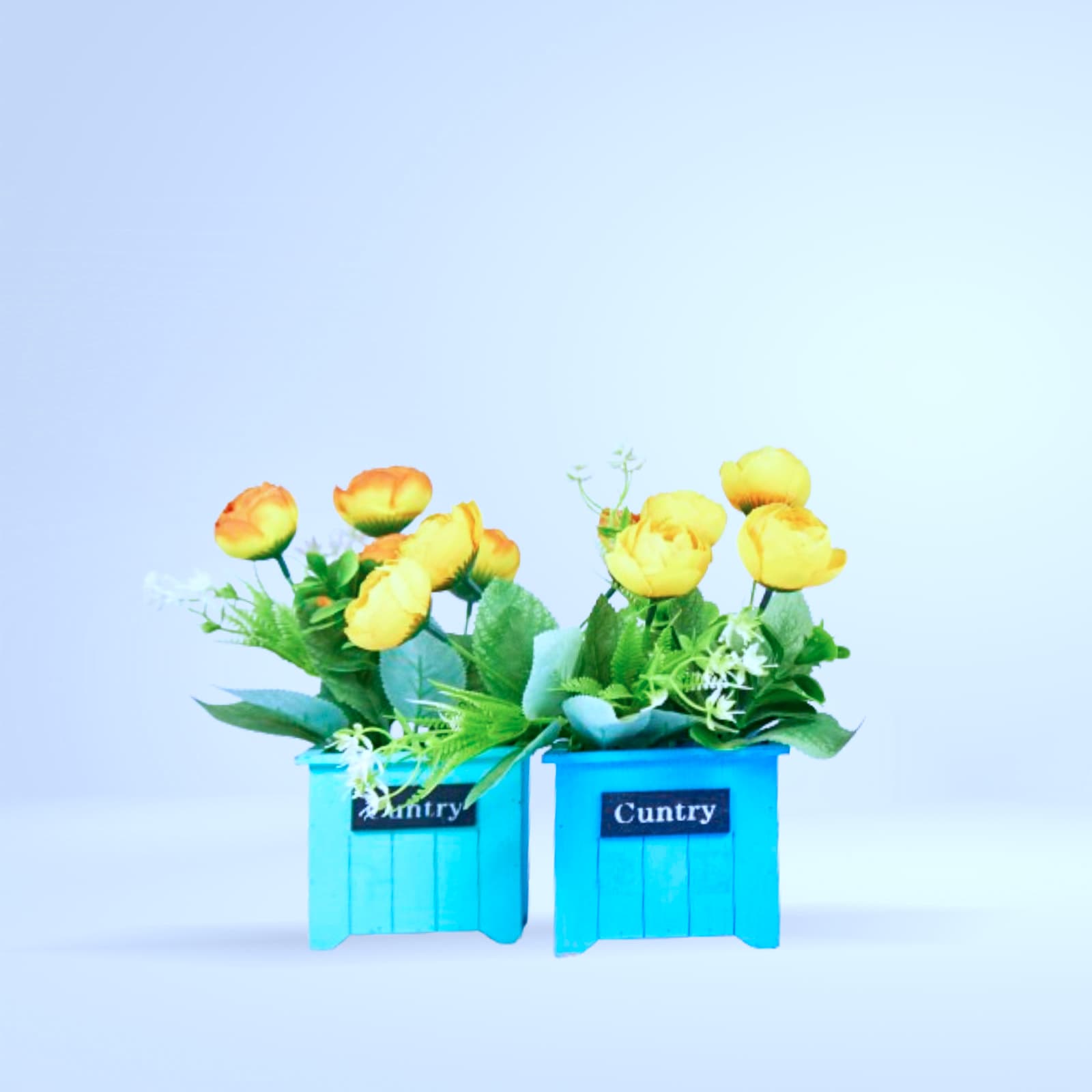 Duo pots de fleurs bois bleu - turquoise "Country" (roses jaunes)