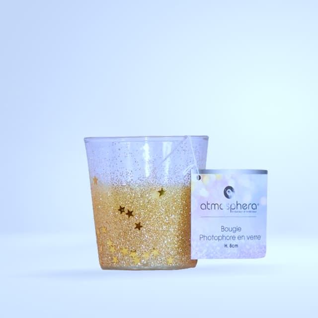 Bougie photophore en verre pailleté doré (Atmosphera)