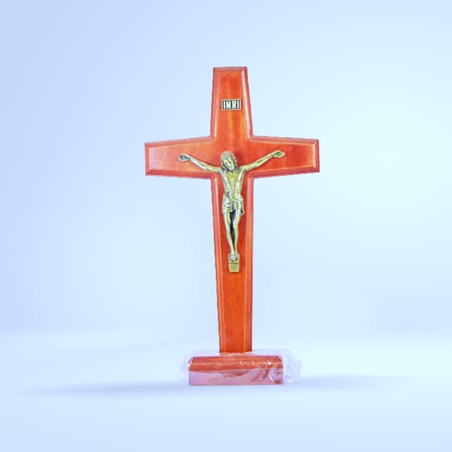 Crucifix bois orange avec Christ doré (socle, INRI)