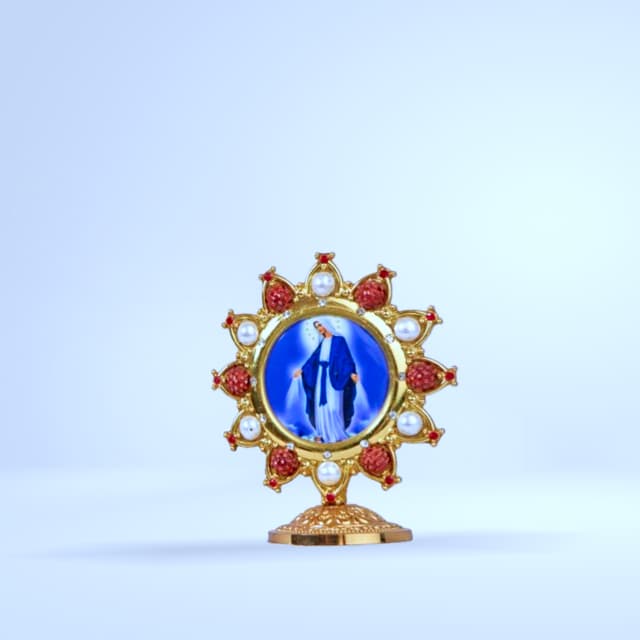 Médaillon reliquaire doré Vierge Miraculeuse (perles/pierres)