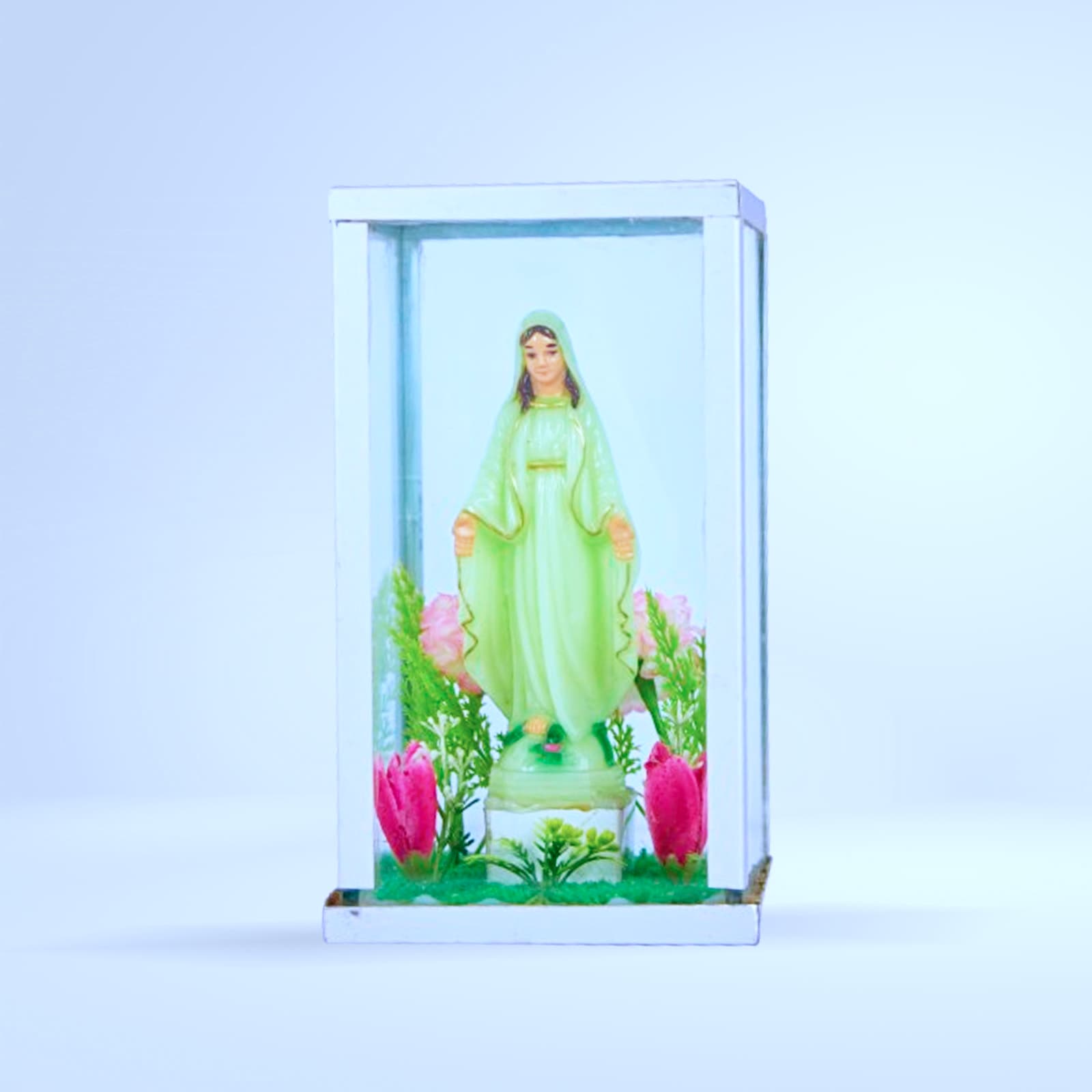 Vitrine Vierge Marie (robe verte, tulipes roses)