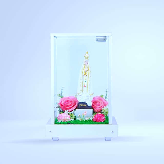 Niche Notre-Dame de Fatima (vitrine blanche, roses roses)